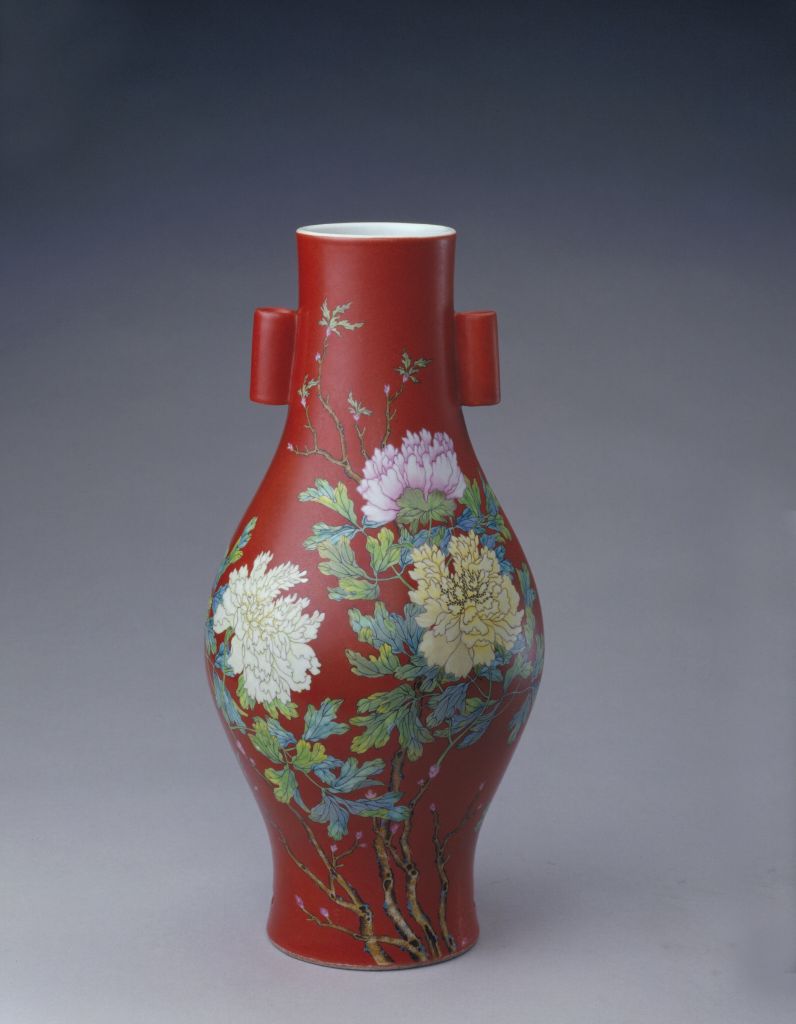 图片[1]-Coral red ground pink peony vase-China Archive